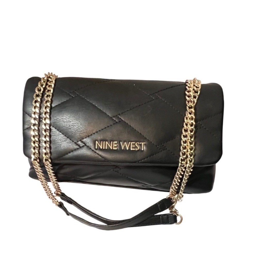 Nine West Black Quilted Crossbody‎ Bag Gold Chain Strap Faux Leather Logo Flap